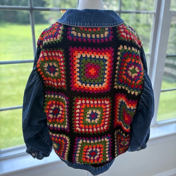 FARM RIO Crochet Embroidered Denim Jacket granny square‎ medium black new med - Picture 9 of 14
